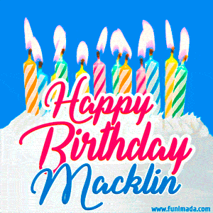 Happy Birthday GIF for Macklin with Birthday Cake and Lit Candles