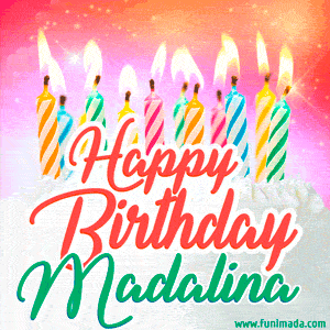 Happy Birthday GIF for Madalina with Birthday Cake and Lit Candles