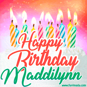 Happy Birthday GIF for Maddilynn with Birthday Cake and Lit Candles