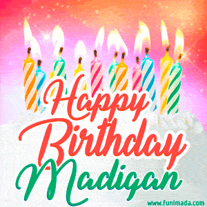 Happy Birthday GIF for Madigan with Birthday Cake and Lit Candles