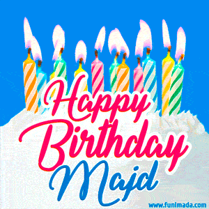Happy Birthday GIF for Majd with Birthday Cake and Lit Candles