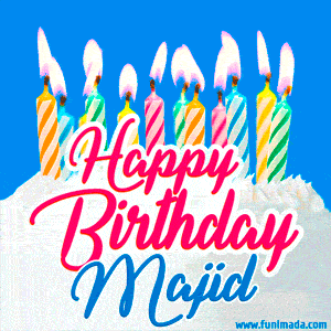 Happy Birthday GIF for Majid with Birthday Cake and Lit Candles