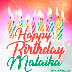 Happy Birthday GIF for Malaika with Birthday Cake and Lit Candles