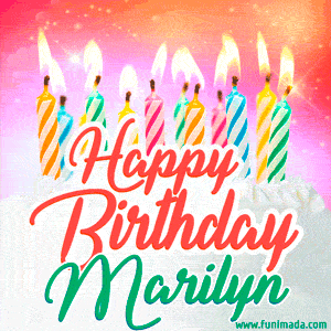 Happy Birthday GIF for Marilyn with Birthday Cake and Lit Candles