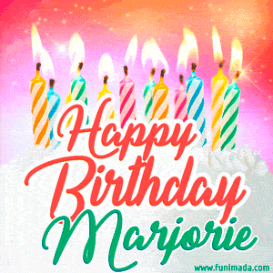 Happy Birthday GIF for Marjorie with Birthday Cake and Lit Candles
