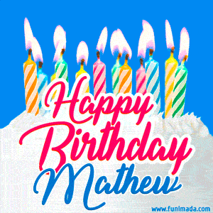 Happy Birthday GIF for Mathew with Birthday Cake and Lit Candles