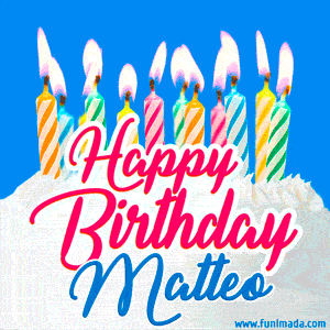 Happy Birthday GIF for Matteo with Birthday Cake and Lit Candles