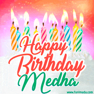 Happy Birthday GIF for Medha with Birthday Cake and Lit Candles