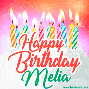 Happy Birthday GIF for Melia with Birthday Cake and Lit Candles