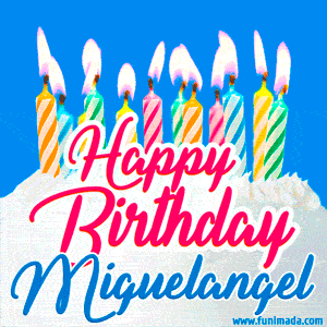 Happy Birthday GIF for Miguelangel with Birthday Cake and Lit Candles