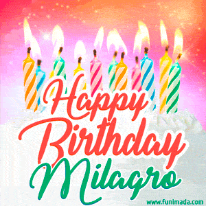 Happy Birthday GIF for Milagro with Birthday Cake and Lit Candles