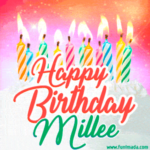 Happy Birthday GIF for Millee with Birthday Cake and Lit Candles