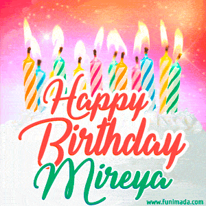 Happy Birthday GIF for Mireya with Birthday Cake and Lit Candles