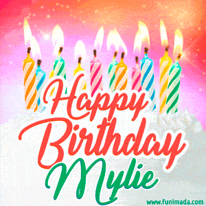 Happy Birthday GIF for Mylie with Birthday Cake and Lit Candles