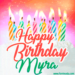 Happy Birthday GIF for Myra with Birthday Cake and Lit Candles