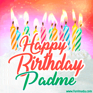 Happy Birthday GIF for Padme with Birthday Cake and Lit Candles