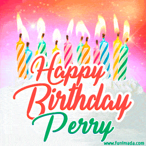 Happy Birthday GIF for Perry with Birthday Cake and Lit Candles