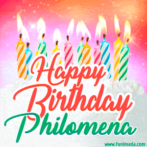 Happy Birthday GIF for Philomena with Birthday Cake and Lit Candles