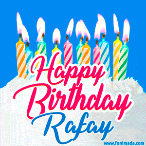 Happy Birthday GIF for Rafay with Birthday Cake and Lit Candles