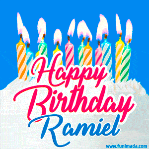Happy Birthday GIF for Ramiel with Birthday Cake and Lit Candles