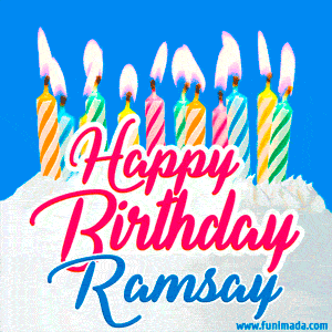 Happy Birthday GIF for Ramsay with Birthday Cake and Lit Candles