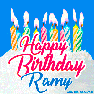 Happy Birthday GIF for Ramy with Birthday Cake and Lit Candles