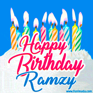 Happy Birthday GIF for Ramzy with Birthday Cake and Lit Candles