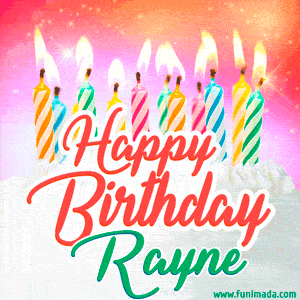 Happy Birthday GIF for Rayne with Birthday Cake and Lit Candles