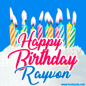 Happy Birthday GIF for Rayvon with Birthday Cake and Lit Candles
