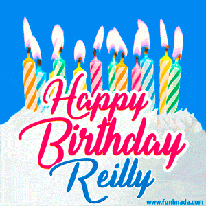 Happy Birthday GIF for Reilly with Birthday Cake and Lit Candles