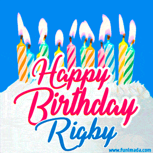 Happy Birthday GIF for Rigby with Birthday Cake and Lit Candles