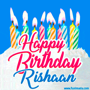 Happy Birthday GIF for Rishaan with Birthday Cake and Lit Candles