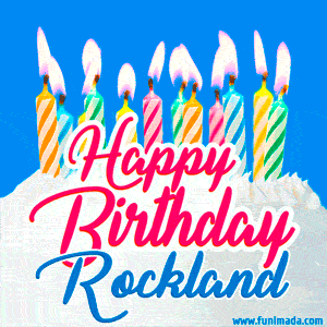 Happy Birthday GIF for Rockland with Birthday Cake and Lit Candles