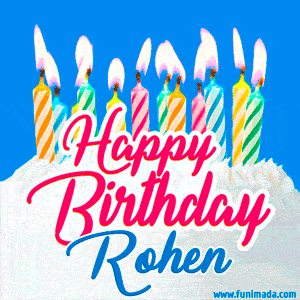 Happy Birthday GIF for Rohen with Birthday Cake and Lit Candles