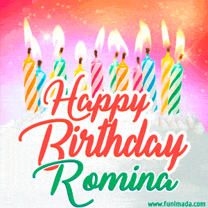 Happy Birthday GIF for Romina with Birthday Cake and Lit Candles