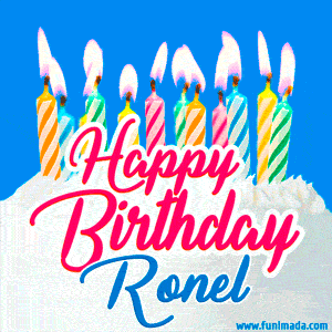 Happy Birthday GIF for Ronel with Birthday Cake and Lit Candles