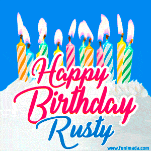 Happy Birthday GIF for Rusty with Birthday Cake and Lit Candles