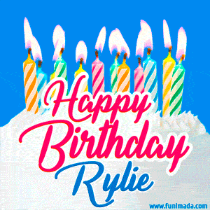 Happy Birthday GIF for Rylie with Birthday Cake and Lit Candles