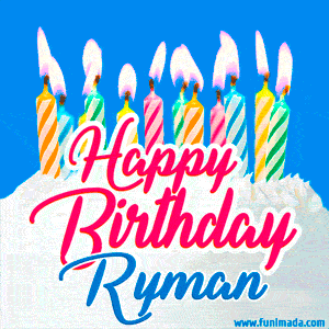 Happy Birthday GIF for Ryman with Birthday Cake and Lit Candles