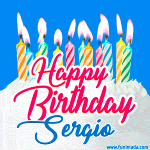 Happy Birthday GIF for Sergio with Birthday Cake and Lit Candles