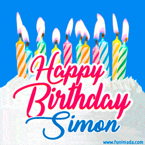 Happy Birthday GIF for Simon with Birthday Cake and Lit Candles