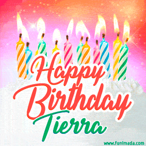 Happy Birthday GIF for Tierra with Birthday Cake and Lit Candles