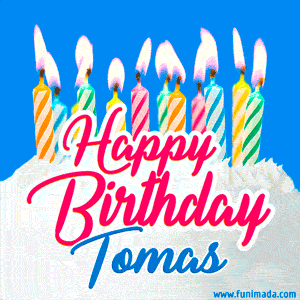 Happy Birthday GIF for Tomas with Birthday Cake and Lit Candles