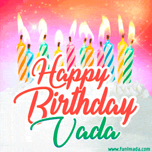 Happy Birthday GIF for Vada with Birthday Cake and Lit Candles