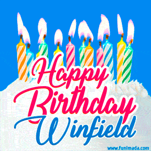 Happy Birthday GIF for Winfield with Birthday Cake and Lit Candles