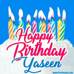 Happy Birthday GIF for Yaseen with Birthday Cake and Lit Candles