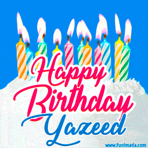 Happy Birthday GIF for Yazeed with Birthday Cake and Lit Candles
