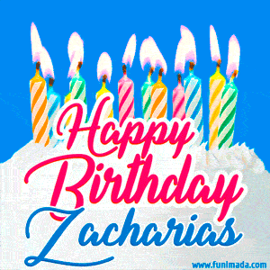 Happy Birthday GIF for Zacharias with Birthday Cake and Lit Candles