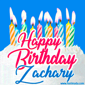 Happy Birthday GIF for Zachary with Birthday Cake and Lit Candles