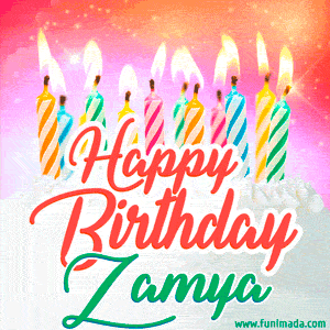 Happy Birthday GIF for Zamya with Birthday Cake and Lit Candles